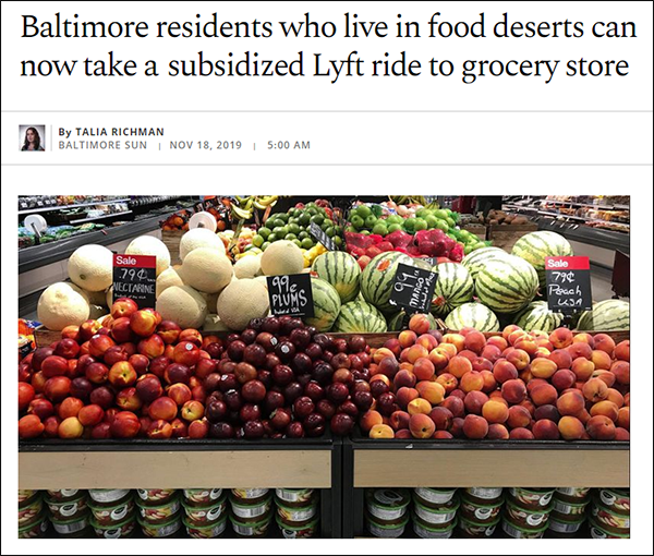 Clip of news article: Subsidized Lyft ride to grocery stores